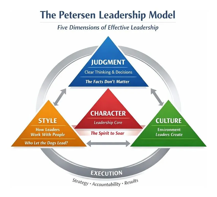 The Petersen Leadership Model diagram with Character, Style, Judgment, Culture, and Execution