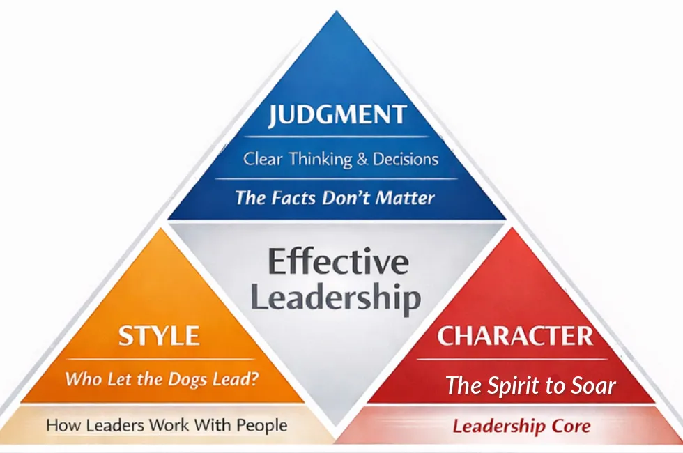 The Petersen Leadership Triangle — Judgment at the apex, Style and Character at the base, Effective Leadership at the center